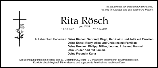 Traueranzeige von Rita Rösch von Schwabacher Tagblatt Lokal