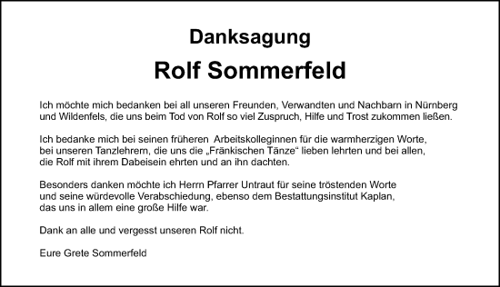 Traueranzeige von Rolf Sommerfeld von Gesamtausgabe Nürnberger Nachrichten/ Nürnberger Ztg.