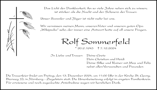 Traueranzeige von Rolf Sommerfeld von Gesamtausgabe Nürnberger Nachrichten/ Nürnberger Ztg.