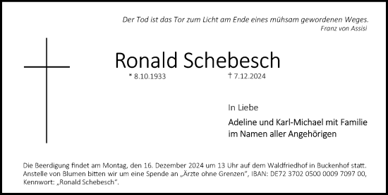 Traueranzeige von Ronald Schebesch von Erlanger Nachrichten Lokal