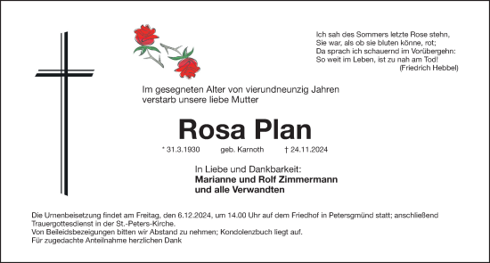 Traueranzeige von Rosa Plan von Roth-Hilpoltsteiner Volkszeitung Lokal