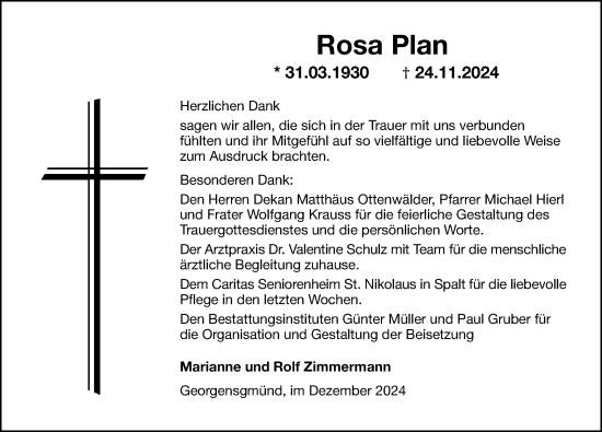 Traueranzeige von Rosa Plan von Roth-Hilpoltsteiner Volkszeitung Lokal