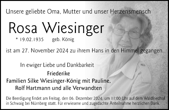 Traueranzeige von Rosa Wiesinger von Gesamtausgabe Nürnberger Nachrichten/ Nürnberger Ztg.