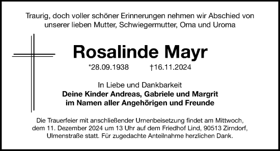 Traueranzeige von Rosalinde Mayr von Gesamtausgabe Nürnberger Nachrichten/ Nürnberger Ztg.