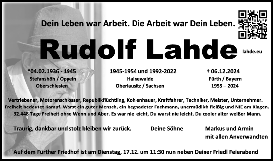 Traueranzeige von Rudolf Lahde von Gesamtausgabe Nürnberger Nachrichten/ Nürnberger Ztg.