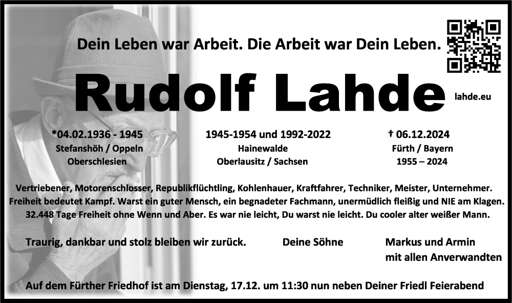  Traueranzeige für Rudolf Lahde vom 14.12.2024 aus Gesamtausgabe Nürnberger Nachrichten/ Nürnberger Ztg.