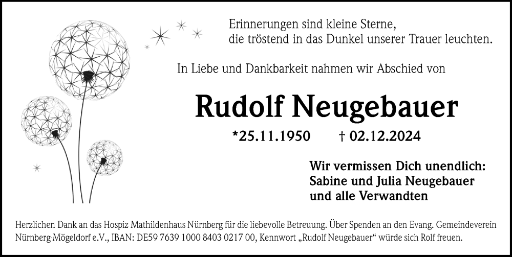  Traueranzeige für Rudolf Neugebauer vom 14.12.2024 aus Gesamtausgabe Nürnberger Nachrichten/ Nürnberger Ztg.