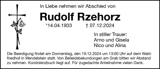 Traueranzeige von Rudolf Rzehorz von Gesamtausgabe Nürnberger Nachrichten/ Nürnberger Ztg.