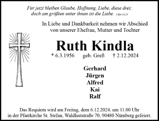 Traueranzeige von Ruth Kindla von Gesamtausgabe Nürnberger Nachrichten/ Nürnberger Ztg.