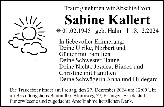 Traueranzeige von Sabine Kallert von Erlanger Nachrichten Lokal