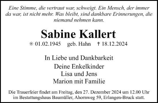 Traueranzeige von Sabine Kallert von Erlanger Nachrichten Lokal