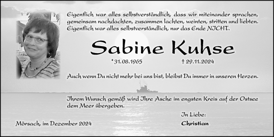 Traueranzeige von Sabine Kuhse von Altmühl-Bote Lokal