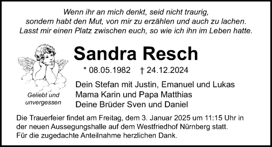 Traueranzeige von Sandra Resch von Gesamtausgabe Nürnberger Nachrichten/ Nürnberger Ztg.