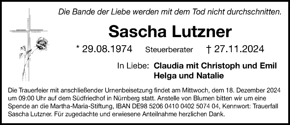  Traueranzeige für Sascha Lutzner vom 14.12.2024 aus Gesamtausgabe Nürnberger Nachrichten/ Nürnberger Ztg.