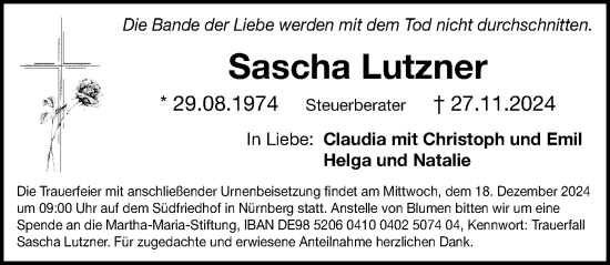 Traueranzeige von Sascha Lutzner von Gesamtausgabe Nürnberger Nachrichten/ Nürnberger Ztg.