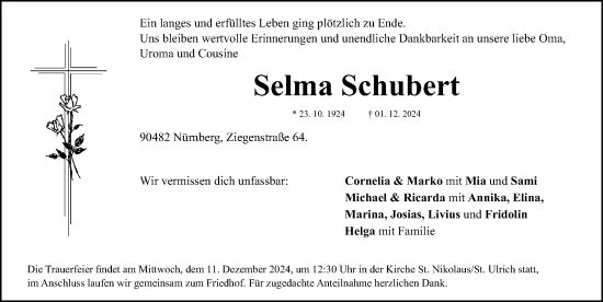 Traueranzeige von Selma Schubert von Gesamtausgabe Nürnberger Nachrichten/ Nürnberger Ztg.