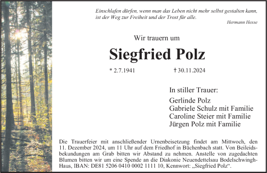 Traueranzeige von Siegfried Polz von Erlanger Nachrichten Lokal