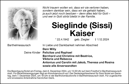 Traueranzeige von Sieglinde Kaiser von Schwabacher Tagblatt Lokal