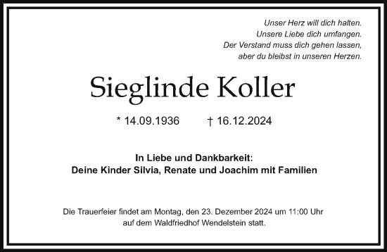 Traueranzeige von Sieglinde Koller von Gesamtausgabe Nürnberger Nachrichten/ Nürnberger Ztg.