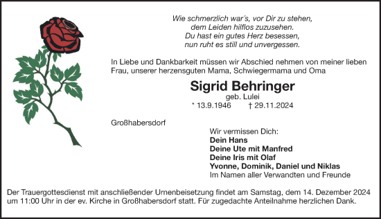 Traueranzeige von Sigrid Behringer von Fürther Nachrichten Lokal