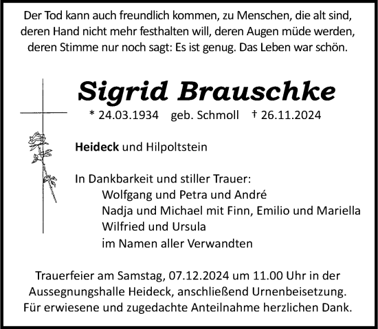 Traueranzeige von Sigrid Brauschke von Roth-Hilpoltsteiner Volkszeitung Lokal