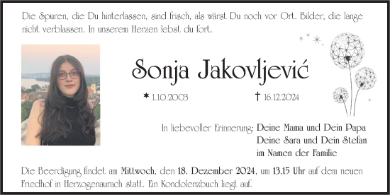 Traueranzeige von Sonja Jakovljevic von Nordbayerische Nachrichten Herzogenaurach Lokal