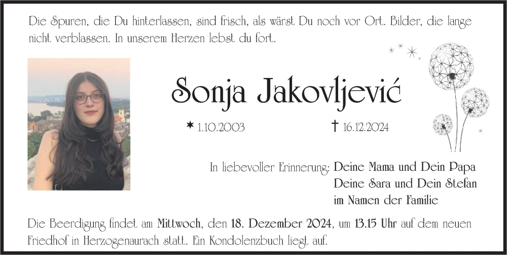  Traueranzeige für Sonja Jakovljevic vom 17.12.2024 aus Nordbayerische Nachrichten Herzogenaurach Lokal