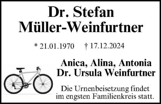 Traueranzeige von Stefan Müller-Weinfurtner von Gesamtausgabe Nürnberger Nachrichten/ Nürnberger Ztg.