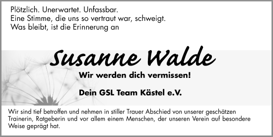 Traueranzeige von Susanne Walde von Erlanger Nachrichten Lokal