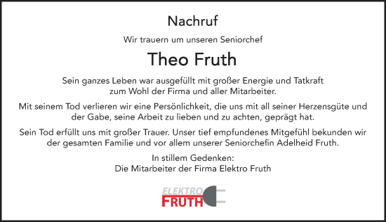 Traueranzeige von Theo Fruth von Neumarkter Nachrichten Lokal