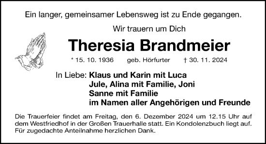 Traueranzeige von Theresia Brandmeier von Gesamtausgabe Nürnberger Nachrichten/ Nürnberger Ztg.