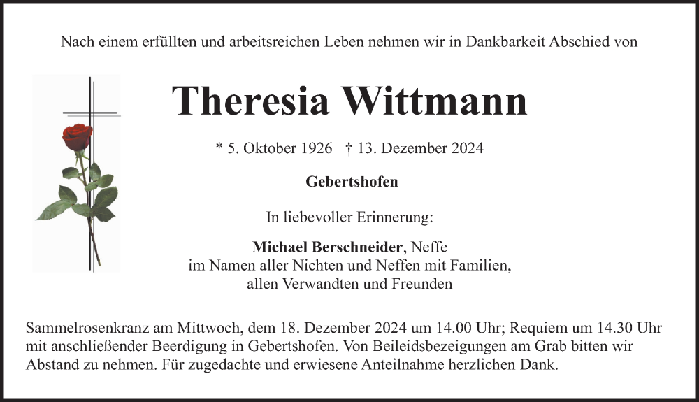  Traueranzeige für Theresia Wittmann vom 17.12.2024 aus Neumarkter Nachrichten Lokal