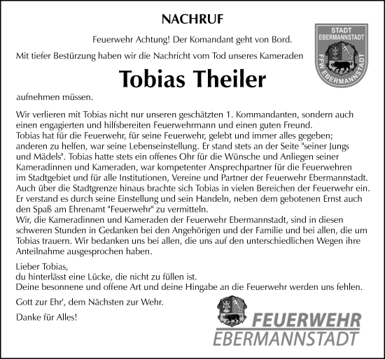 Traueranzeige von Tobias Theiler von Nordbayerische Nachrichten Forchheim Lokal