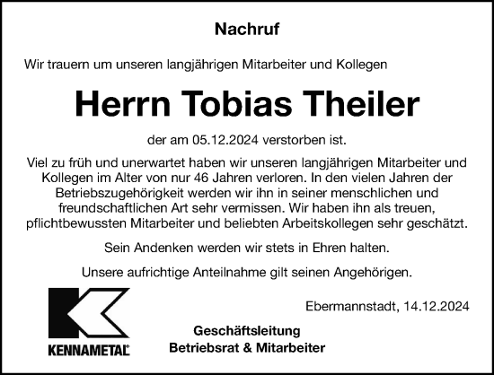 Traueranzeige von Tobias Theiler von Nordbayerische Nachrichten Forchheim Lokal
