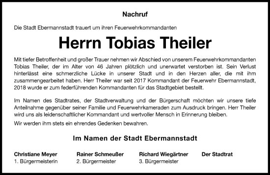 Traueranzeige von Tobias Theiler von Nordbayerische Nachrichten Forchheim Lokal