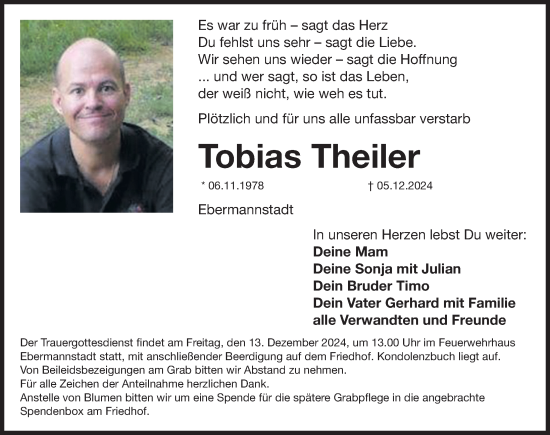 Traueranzeige von Tobias Theiler von Nordbayerische Nachrichten Forchheim Lokal