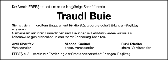 Traueranzeige von Traudl Buie von Erlanger Nachrichten Lokal