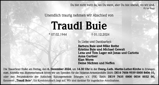 Traueranzeige von Traudl Buie von Erlanger Nachrichten Lokal