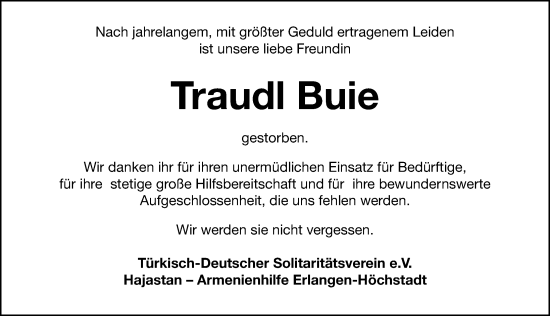 Traueranzeige von Traudl Buie von Erlanger Nachrichten Lokal