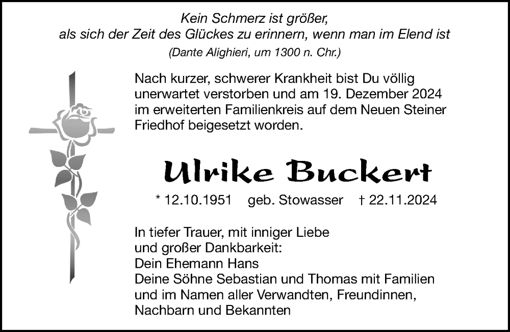  Traueranzeige für Ulrike Buckert vom 21.12.2024 aus Gesamtausgabe Nürnberger Nachrichten/ Nürnberger Ztg.