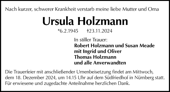 Traueranzeige von Ursula Holzmann von Gesamtausgabe Nürnberger Nachrichten/ Nürnberger Ztg.