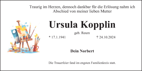 Traueranzeige von Ursula Kopplin von Erlanger Nachrichten Lokal