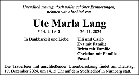 Traueranzeige von Ute Marla Lang von Gesamtausgabe Nürnberger Nachrichten/ Nürnberger Ztg.