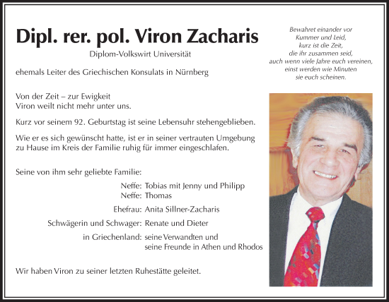Traueranzeige von Viron Zacharis von Gesamtausgabe Nürnberger Nachrichten/ Nürnberger Ztg.