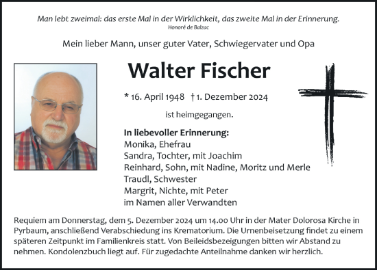 Traueranzeige von Walter Fischer von Neumarkter Nachrichten Lokal