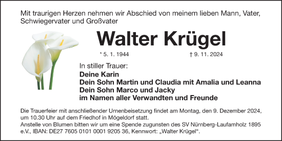 Traueranzeige von Walter Krügel von Gesamtausgabe Nürnberger Nachrichten/ Nürnberger Ztg.