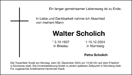 Traueranzeige von Walter Scholich von Gesamtausgabe Nürnberger Nachrichten/ Nürnberger Ztg.