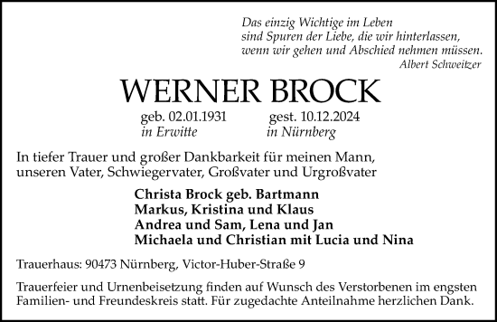 Traueranzeige von Werner Brock von Gesamtausgabe Nürnberger Nachrichten/ Nürnberger Ztg.