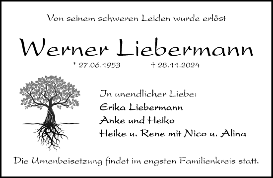 Traueranzeige von Werner Liebermann von Gesamtausgabe Nürnberger Nachrichten/ Nürnberger Ztg.