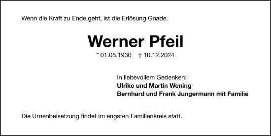 Traueranzeige von Werner Pfeil von Gesamtausgabe Nürnberger Nachrichten/ Nürnberger Ztg.